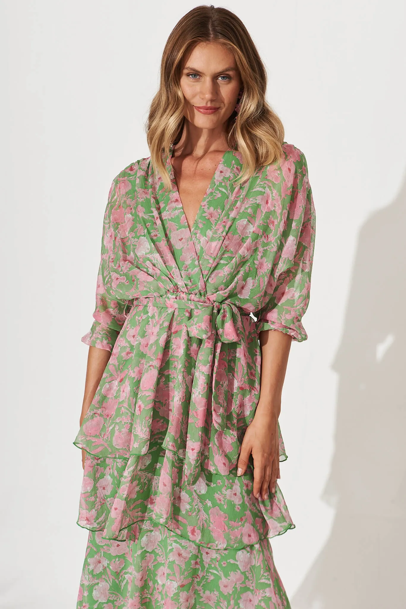 Jenner Midi Dress In Green With Pink Floral Chiffon sold by St Frock product image thumbnail 2