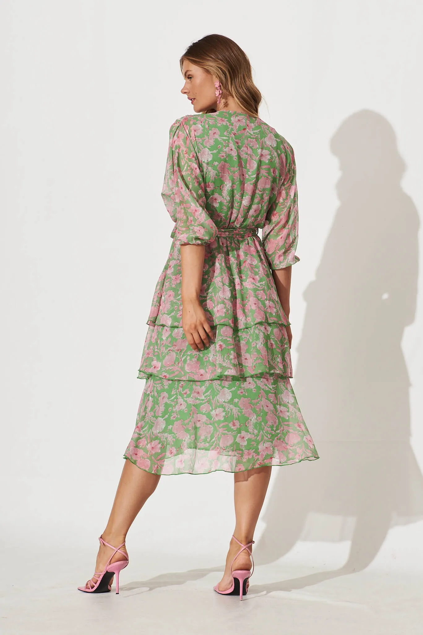 Jenner Midi Dress In Green With Pink Floral Chiffon sold by St Frock product image thumbnail 4