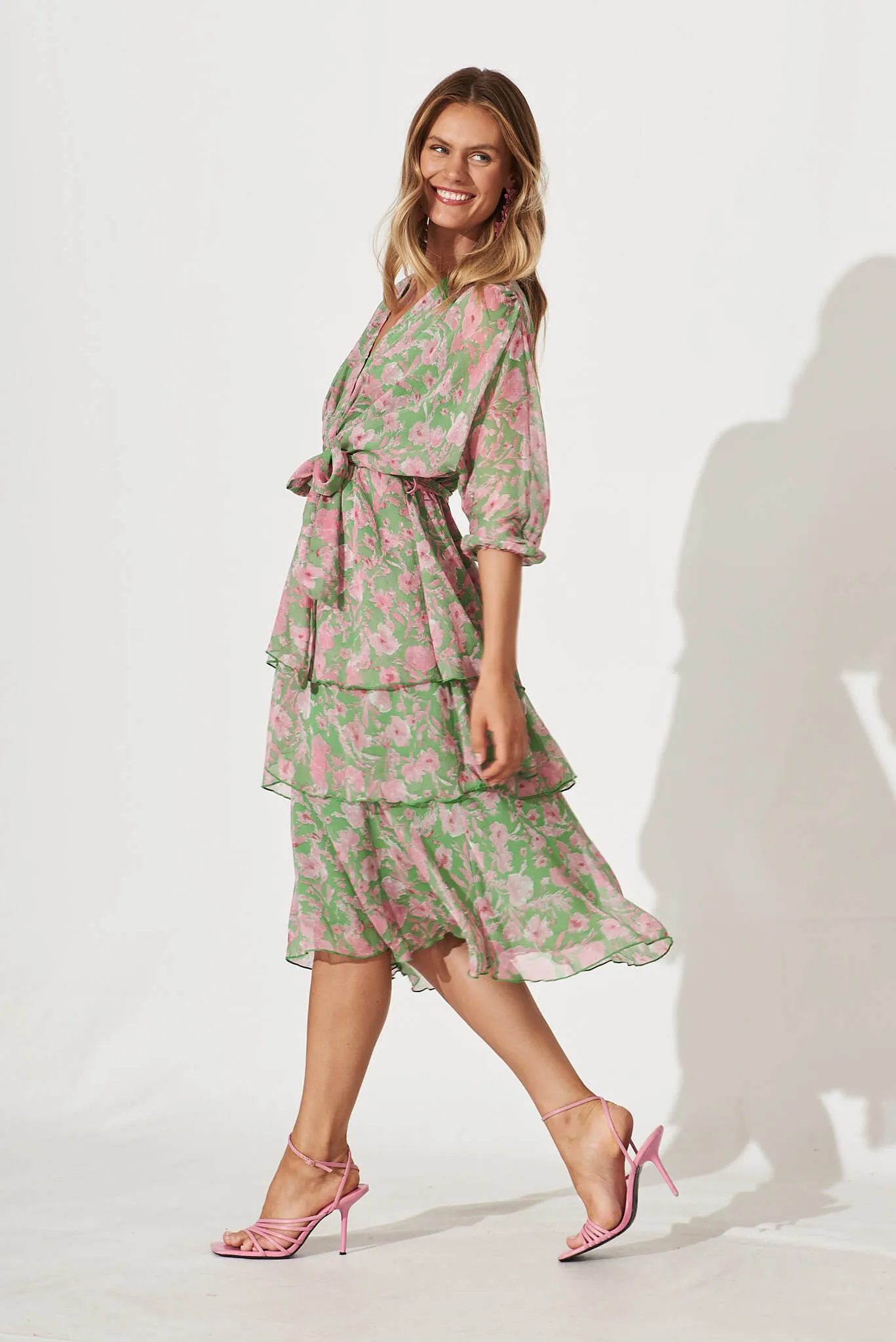 Jenner Midi Dress In Green With Pink Floral Chiffon sold by St Frock product image thumbnail 3