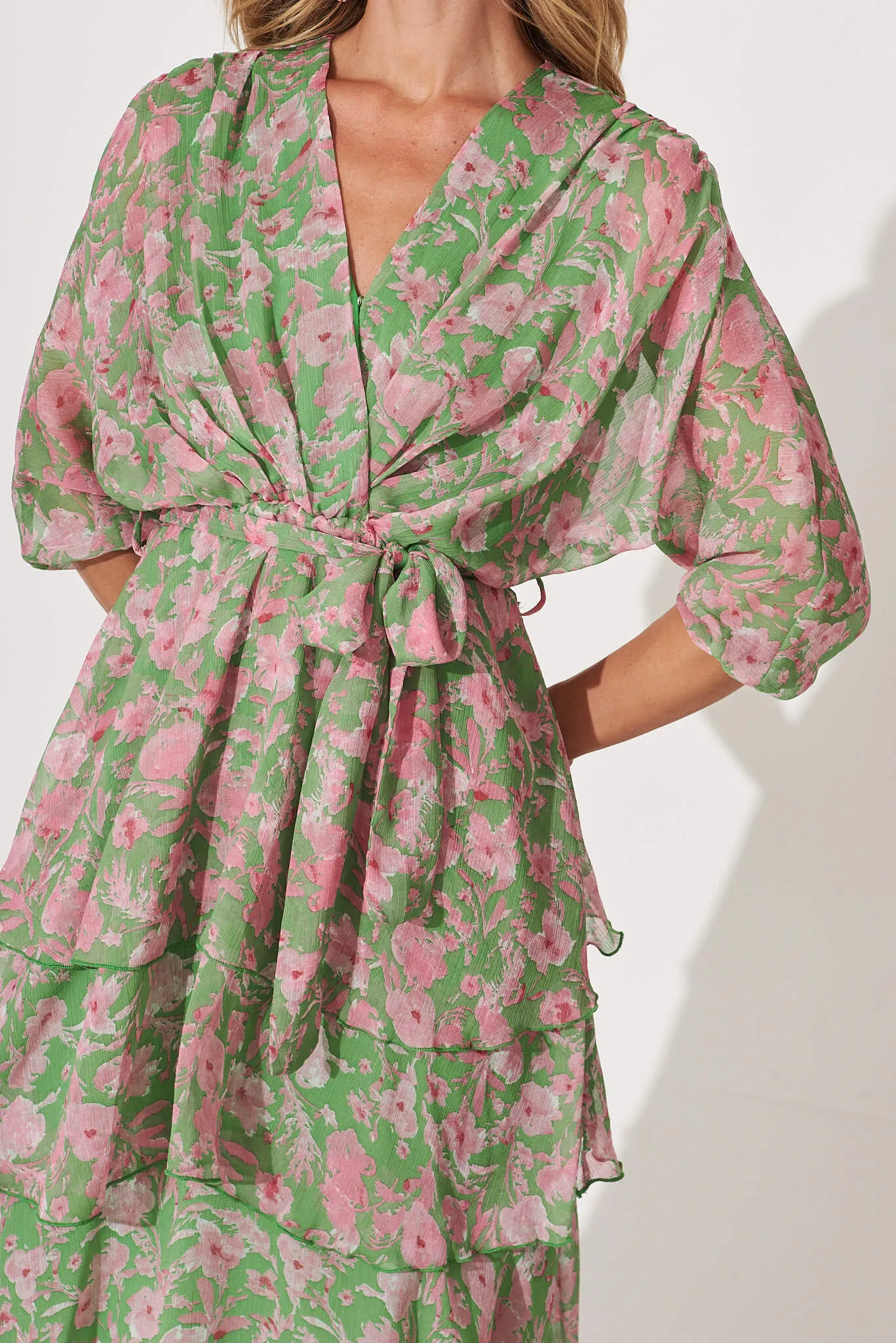 Jenner Midi Dress In Green With Pink Floral Chiffon sold by St Frock product image thumbnail 5