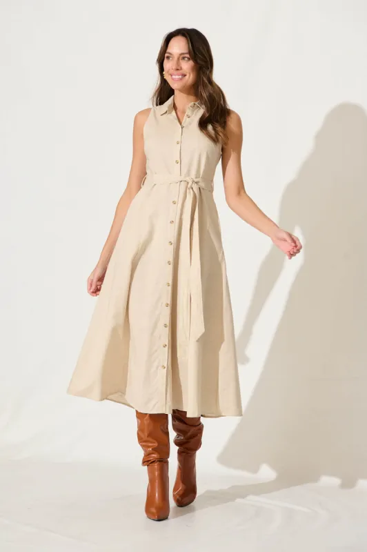 Thalia Maxi Shirt Dress In Oatmeal Cotton Blend sold by St Frock