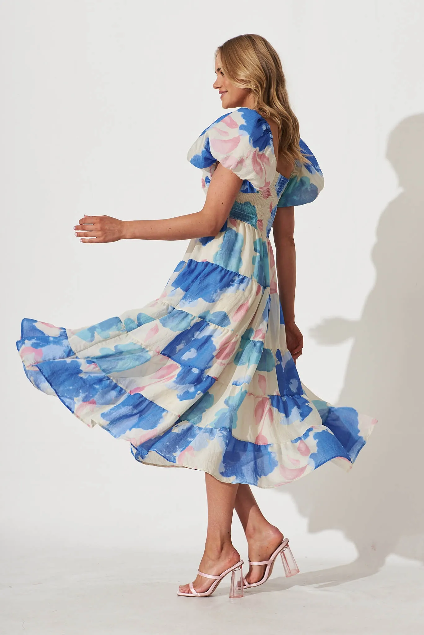Kaitlyn Midi Dress In Cream With Blue Watercolour Floral sold by St Frock product image thumbnail 3