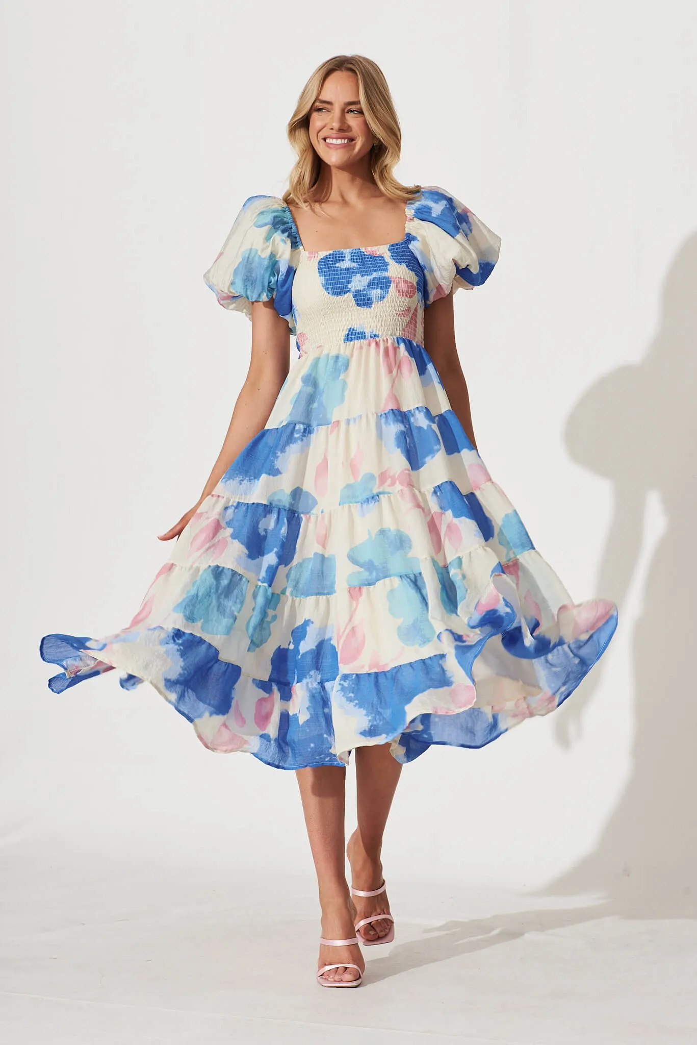 Kaitlyn Midi Dress In Cream With Blue Watercolour Floral sold by St Frock