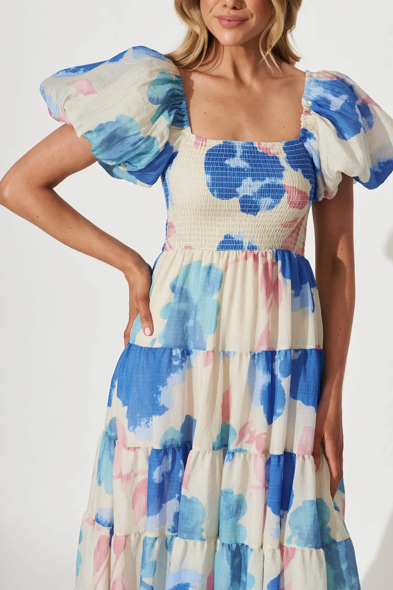 Kaitlyn Midi Dress In Cream With Blue Watercolour Floral sold by St Frock product image thumbnail 5