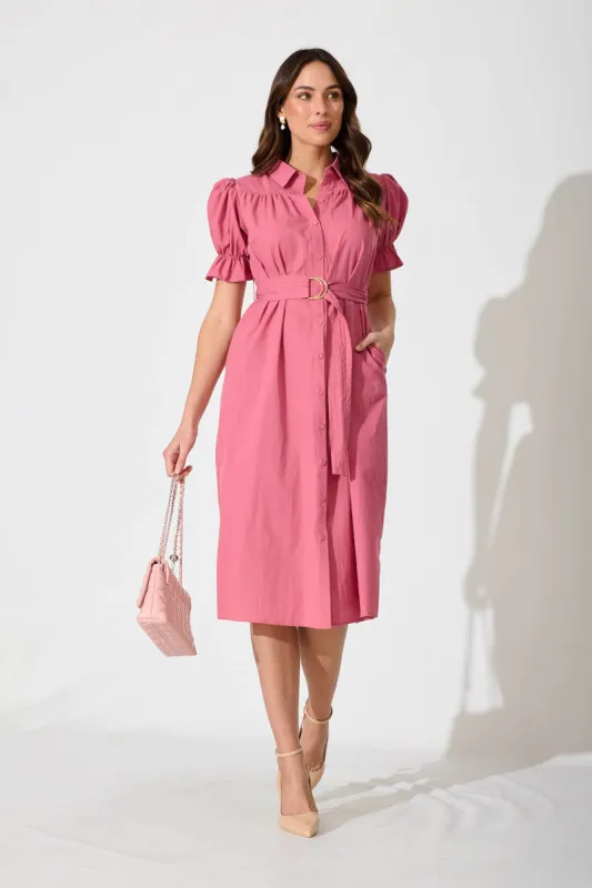 Sicilly Midi Shirt Dress In Rose Cotton sold by St Frock