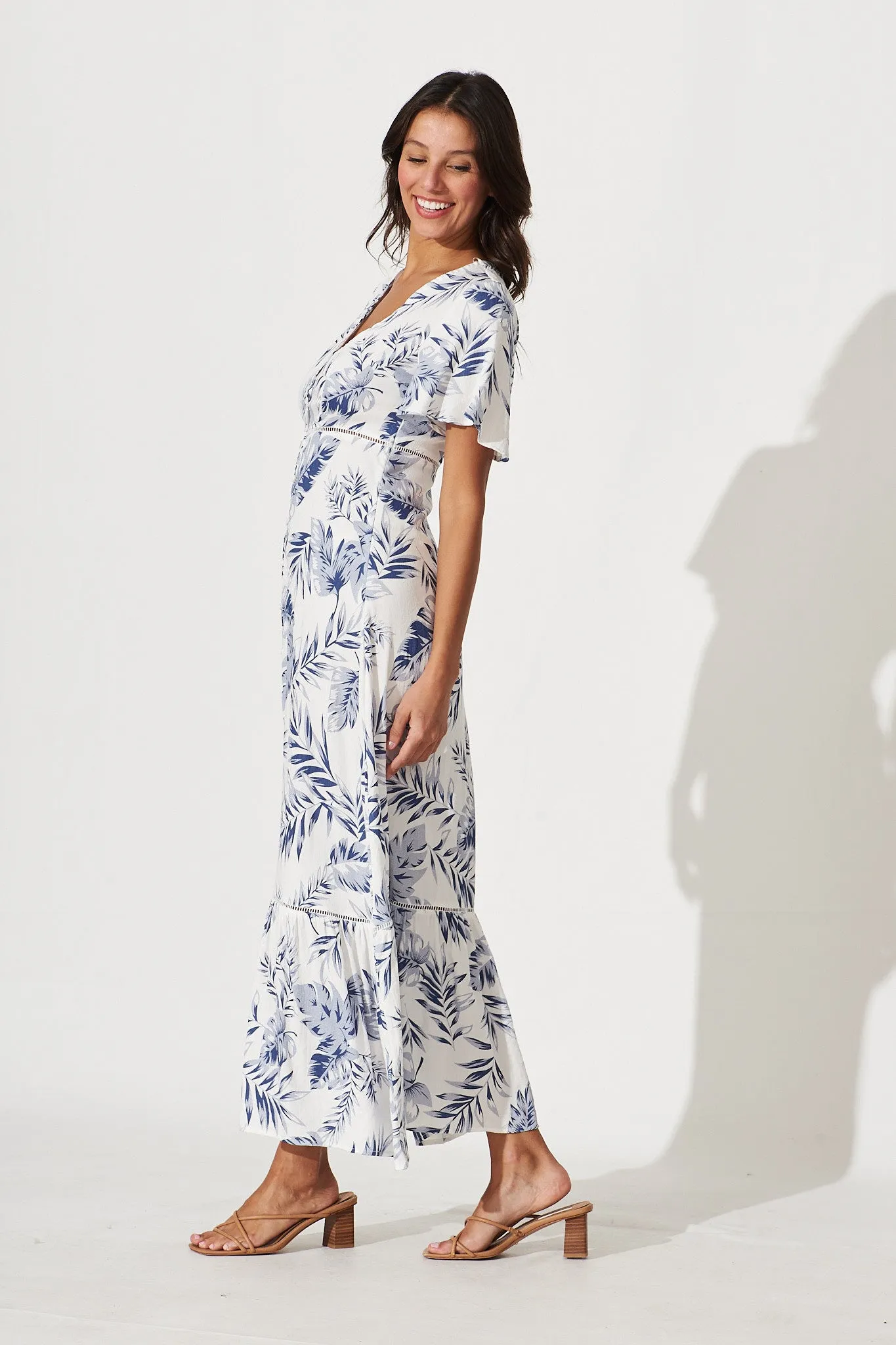 April Maxi Dress In White With Blue Leaf Print Cotton Blend sold by St Frock product image thumbnail 3