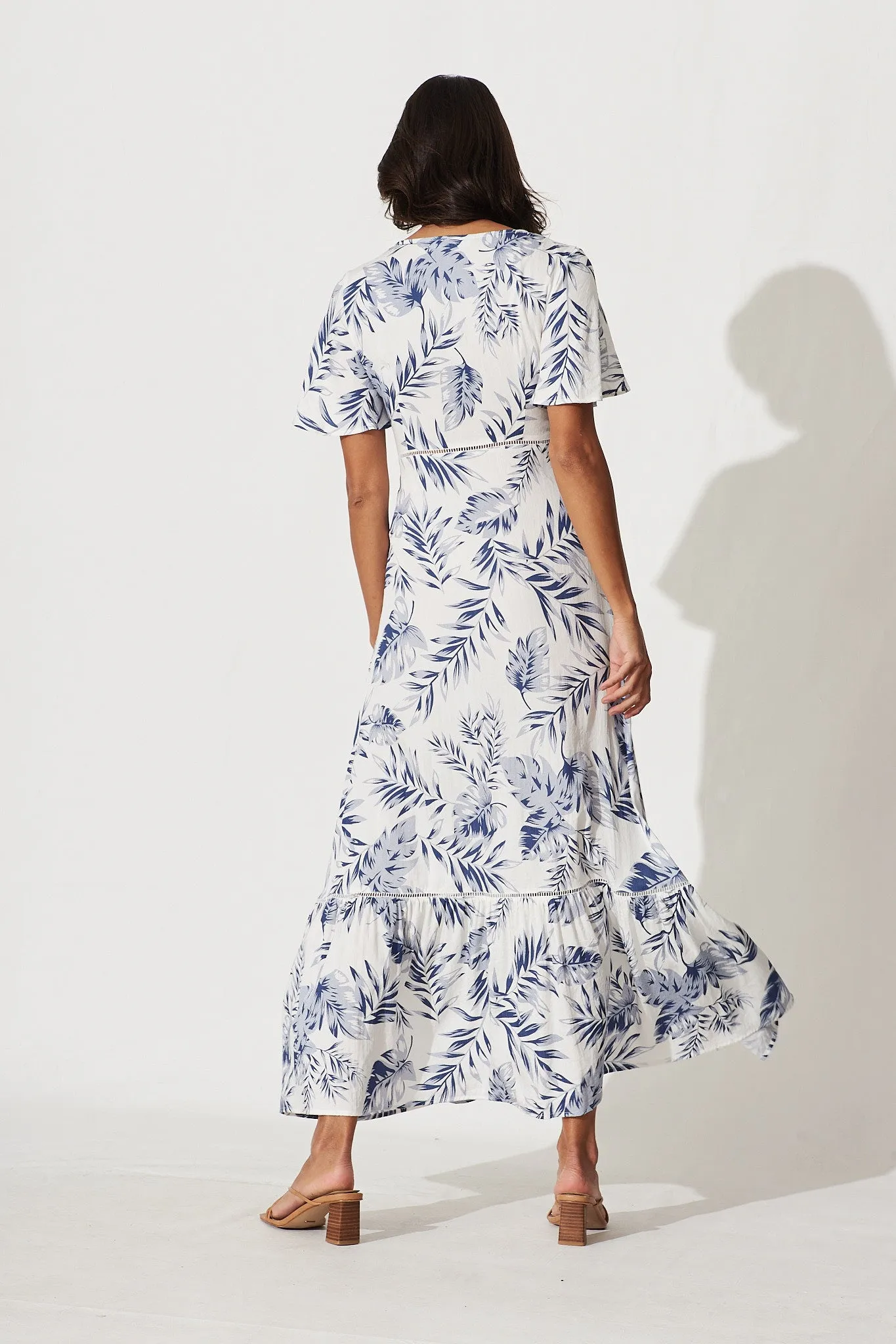 April Maxi Dress In White With Blue Leaf Print Cotton Blend sold by St Frock product image thumbnail 4