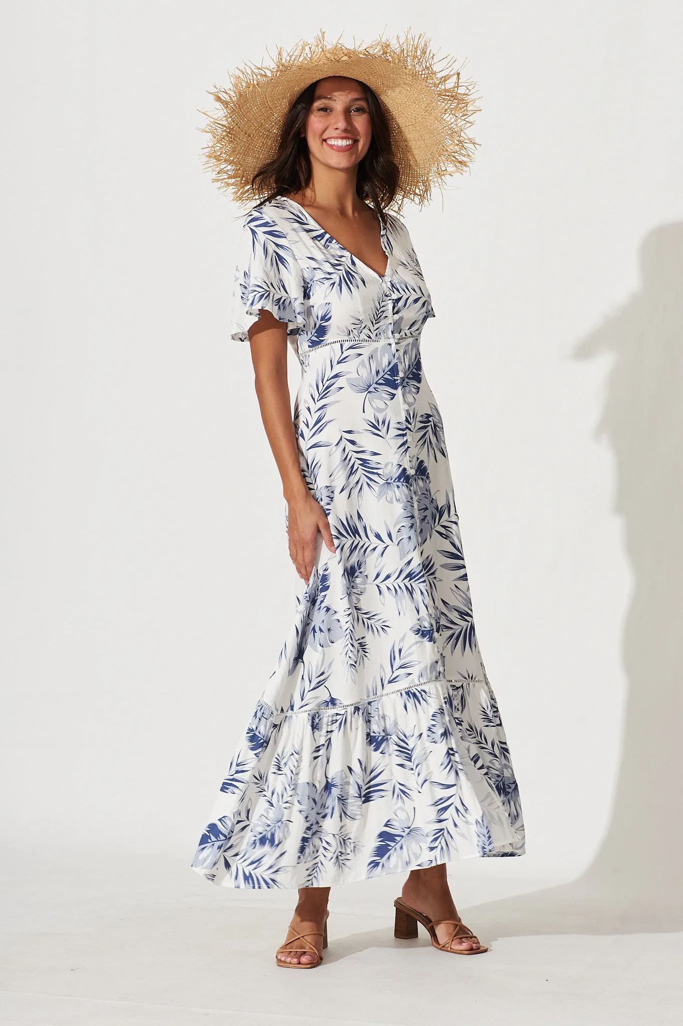 April Maxi Dress In White With Blue Leaf Print Cotton Blend sold by St Frock