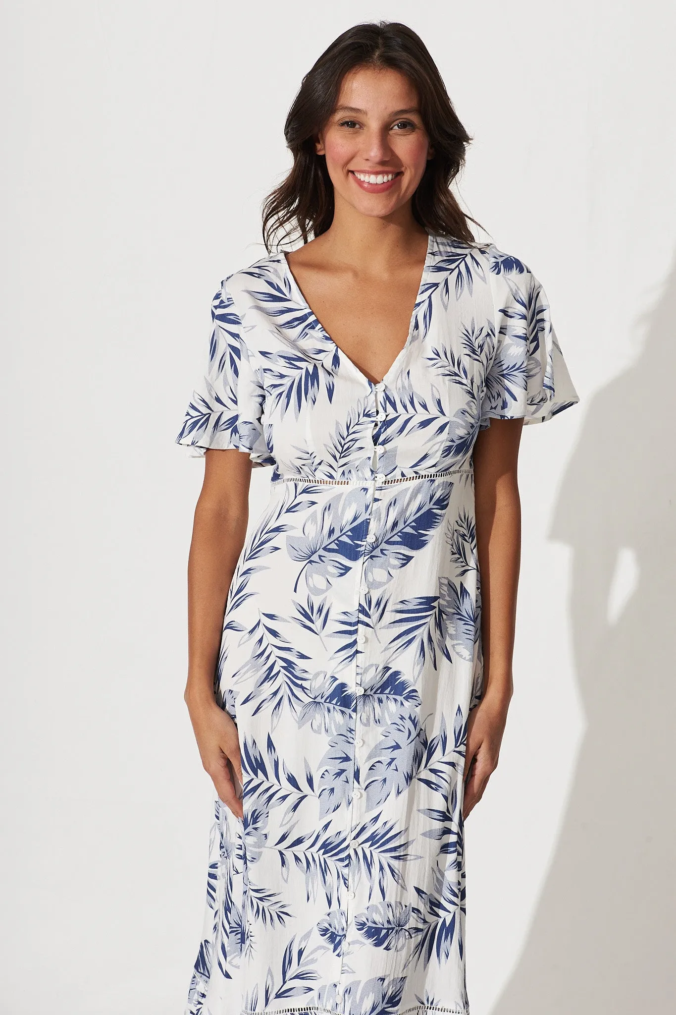 April Maxi Dress In White With Blue Leaf Print Cotton Blend sold by St Frock product image thumbnail 2