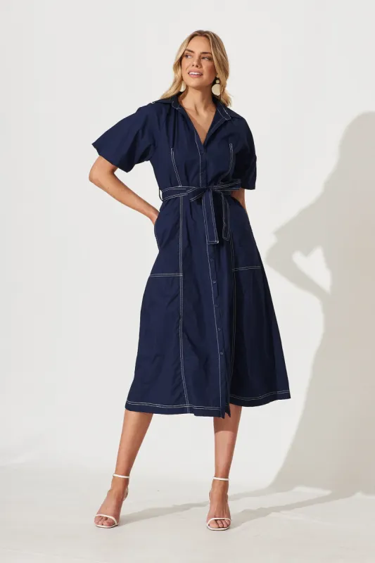 Americano Midi Shirt Dress In Navy Cotton sold by St Frock