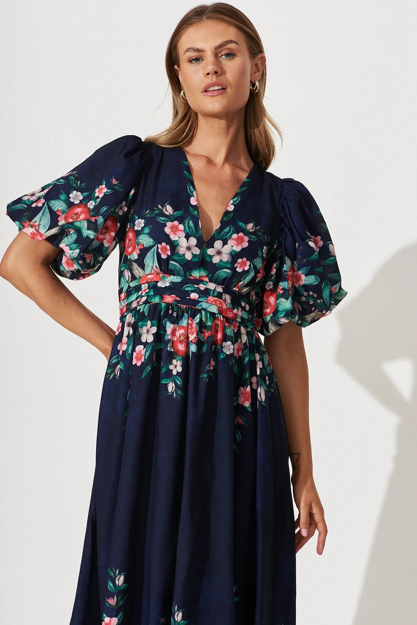 Divine Maxi Dress In Navy With Red Green Floral Print sold by St Frock product image thumbnail 2
