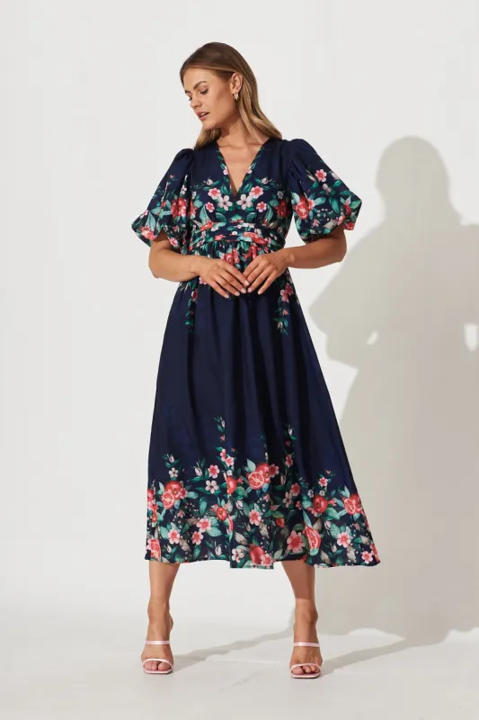 Divine Maxi Dress In Navy With Red Green Floral Print sold by St Frock