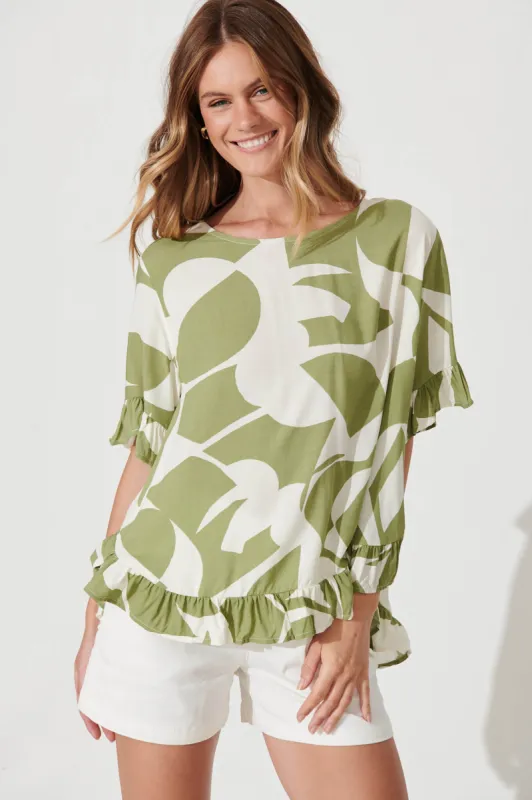 Catharina Top In Olive And Cream Geometric Print sold by St Frock