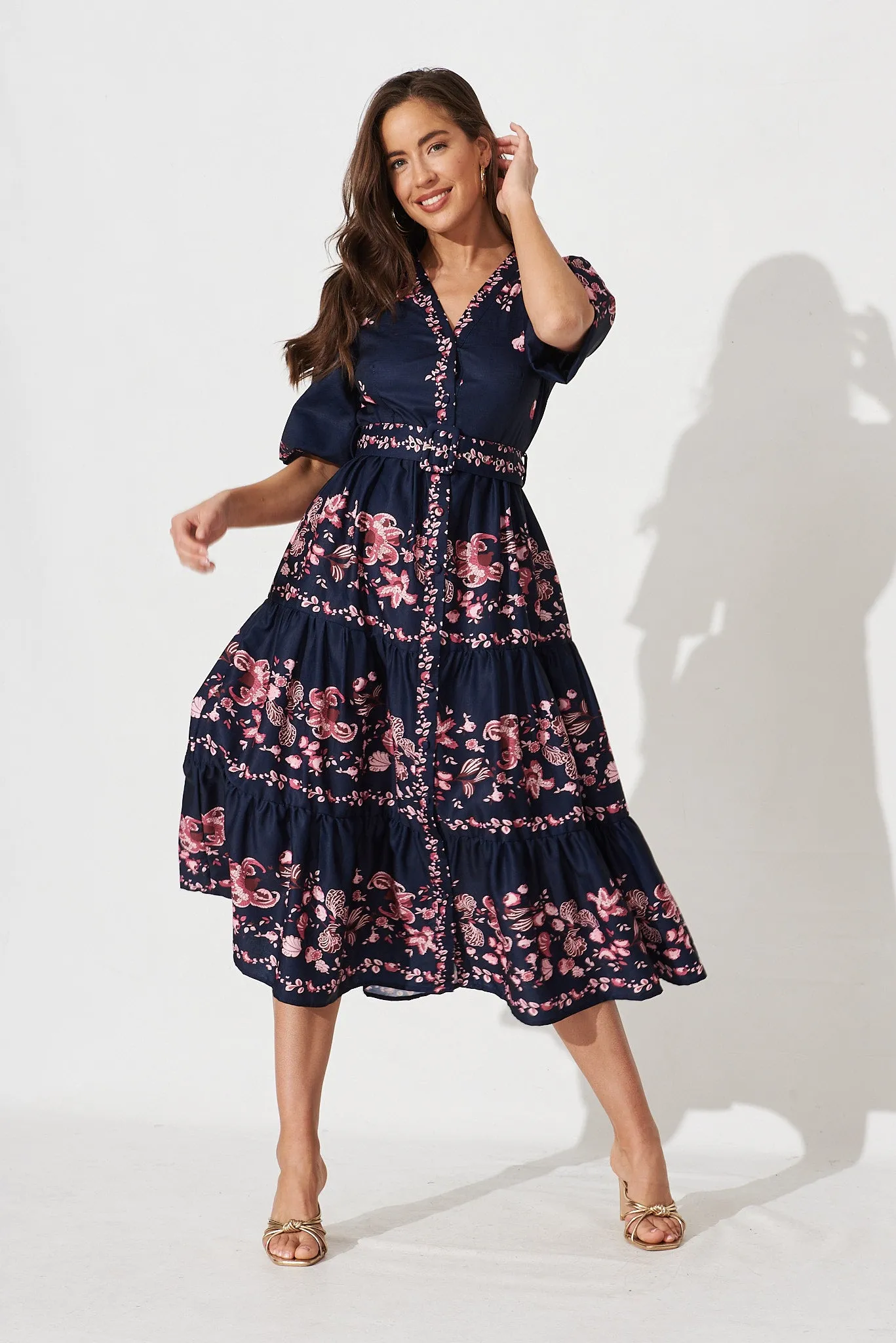 Piper Midi Dress In Navy With Blush Floral sold by St Frock