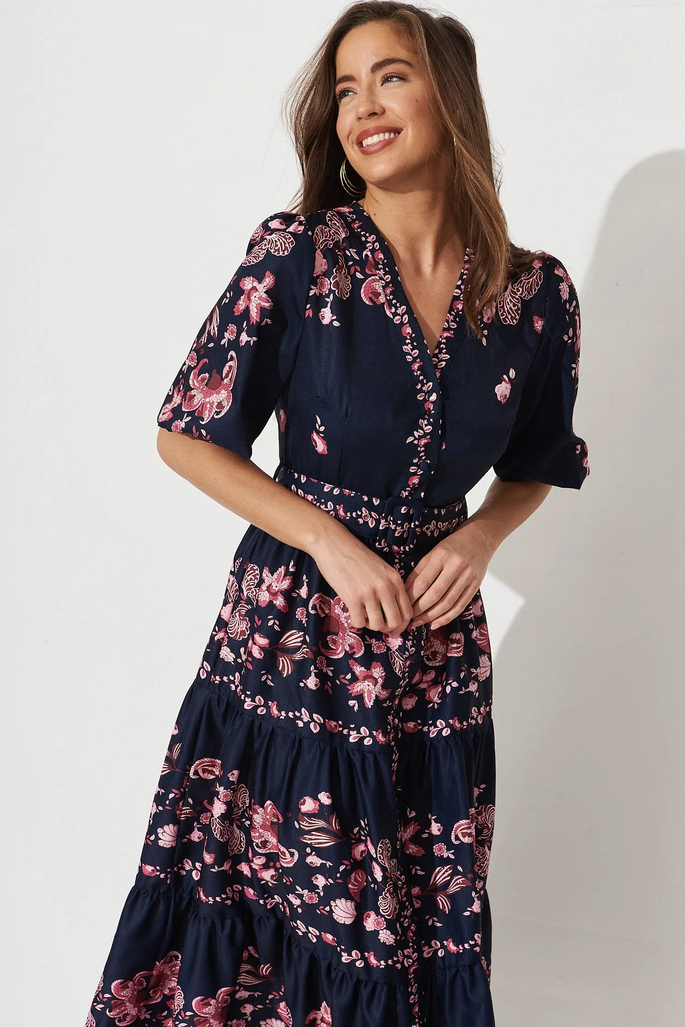 Piper Midi Dress In Navy With Blush Floral sold by St Frock product image thumbnail 3