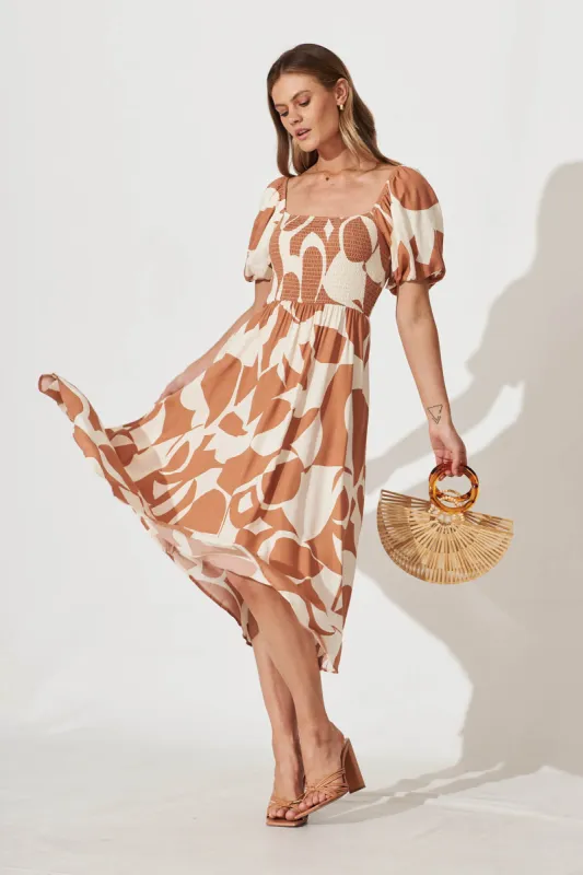 Mariam Midi Dress In Tan With Cream Geometric Print sold by St Frock