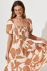 Mariam Midi Dress In Tan With Cream Geometric Print sold by St Frock