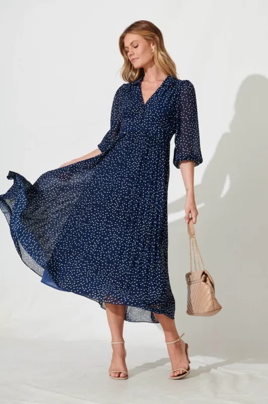 Goldberg Maxi Dress In Navy With White Spot Chiffon sold by St Frock