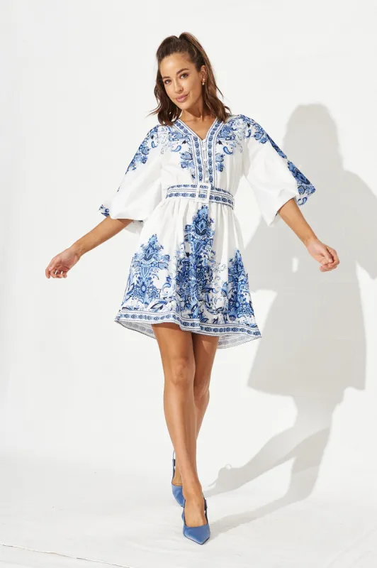 Amira Shirt Dress In White With Blue Print sold by St Frock