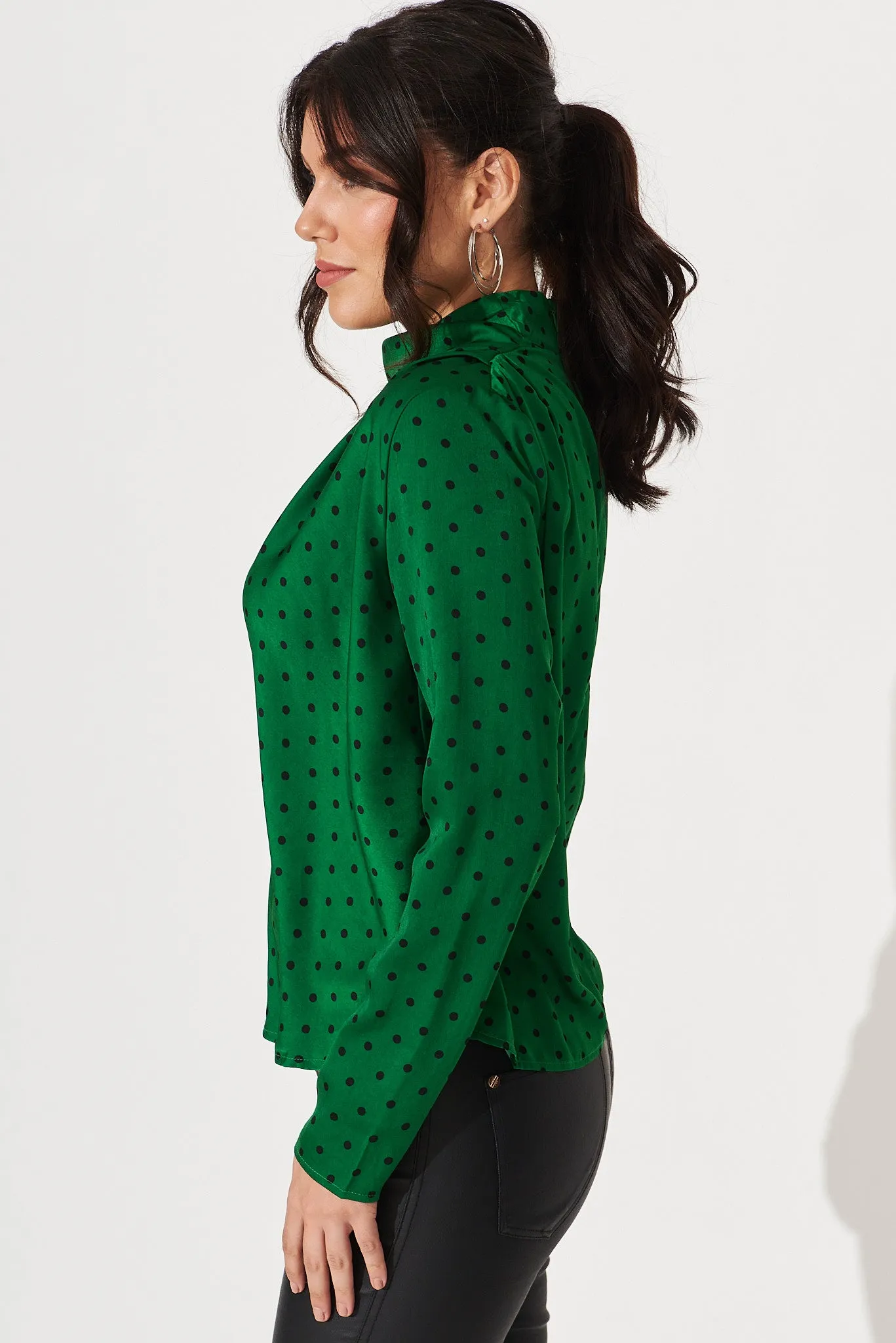 Lucine Top In Green With Black Polka Dot Satin sold by St Frock product image thumbnail 3