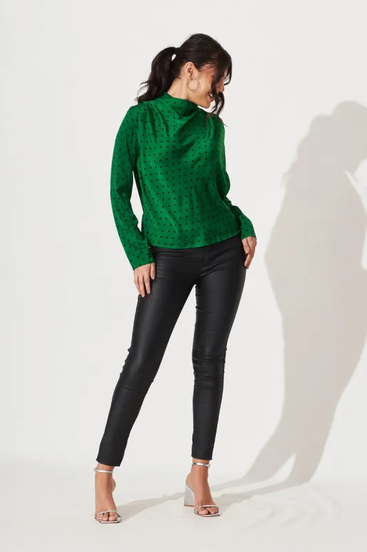 Lucine Top In Green With Black Polka Dot Satin sold by St Frock