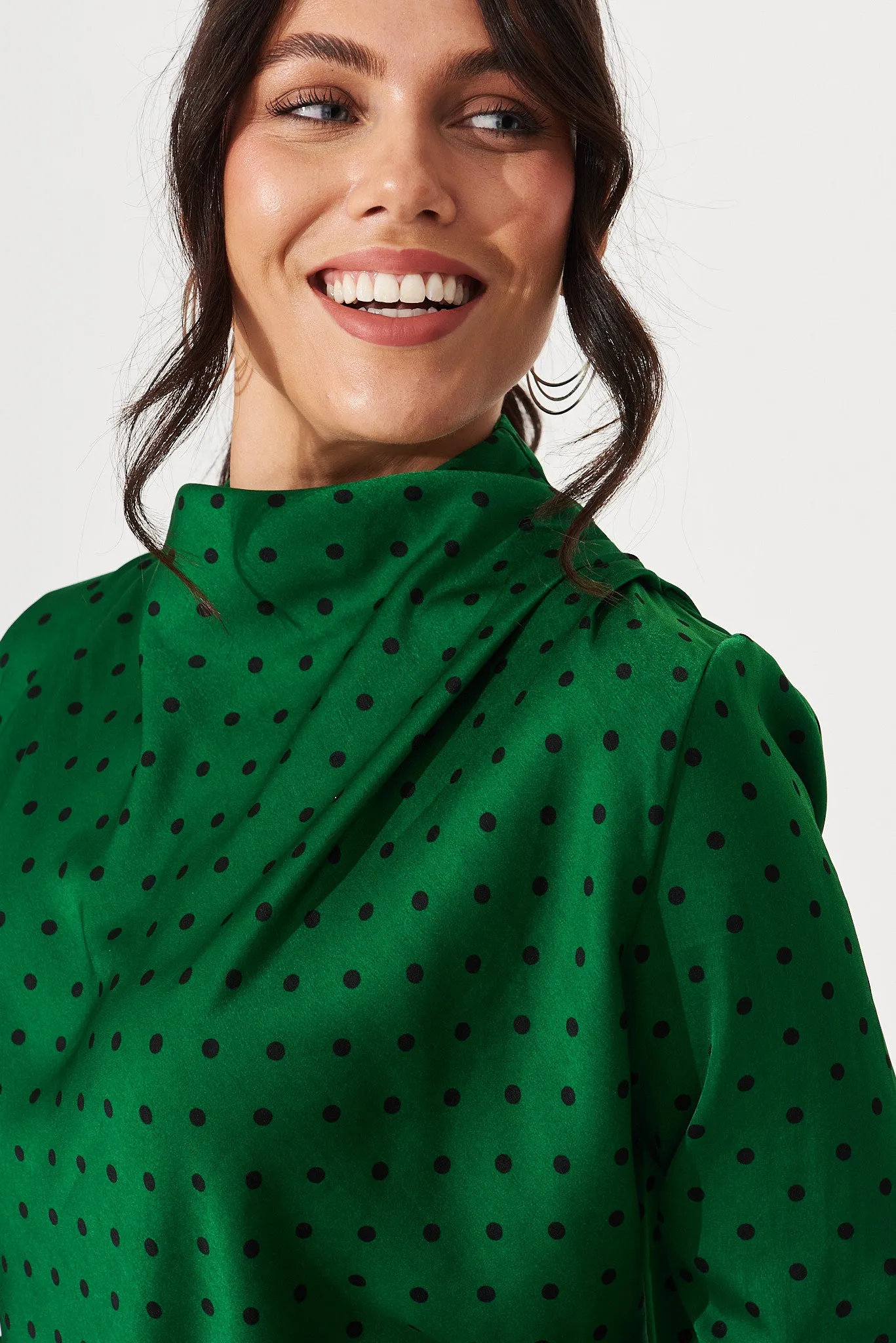 Lucine Top In Green With Black Polka Dot Satin sold by St Frock product image thumbnail 5