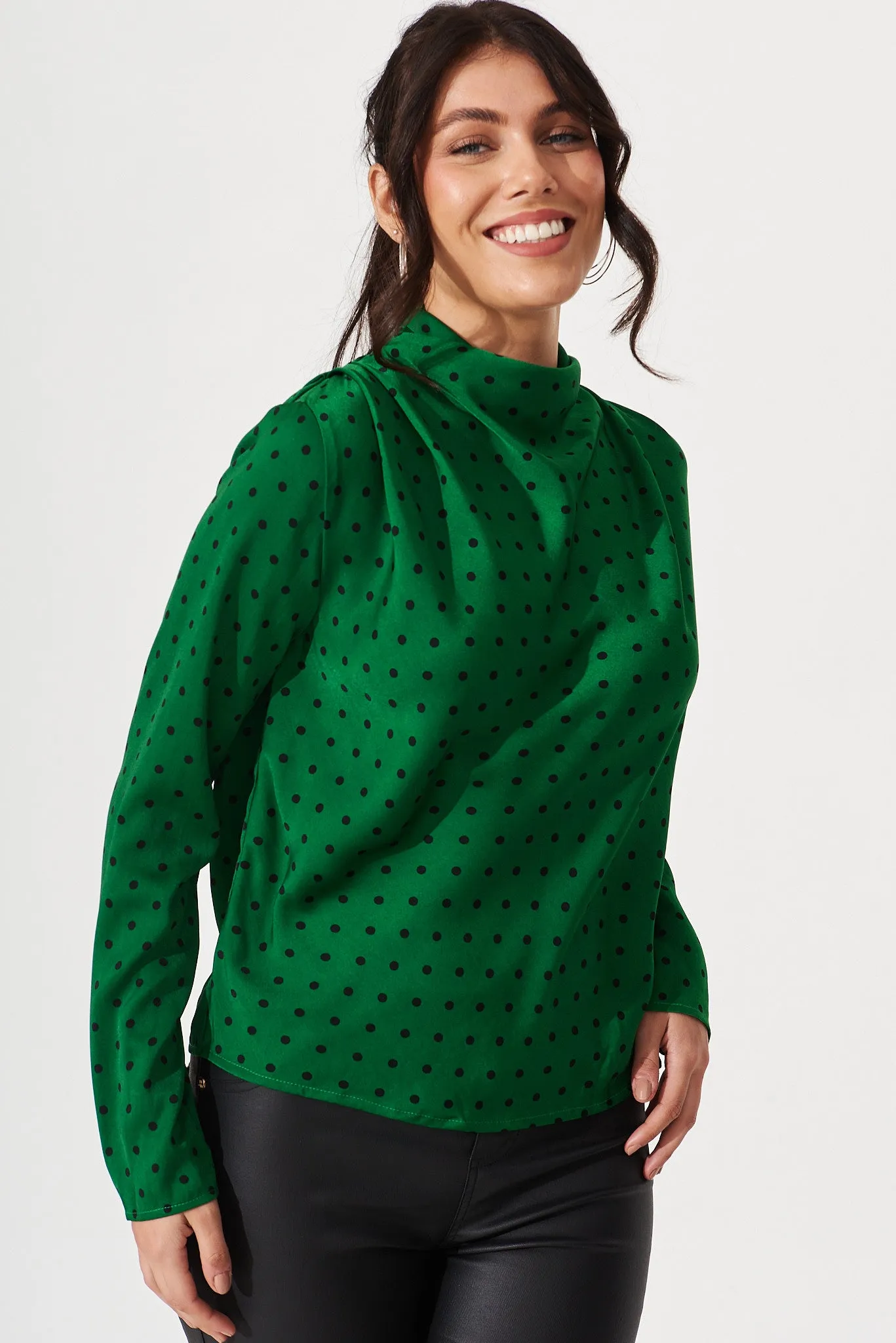 Lucine Top In Green With Black Polka Dot Satin sold by St Frock product image thumbnail 2