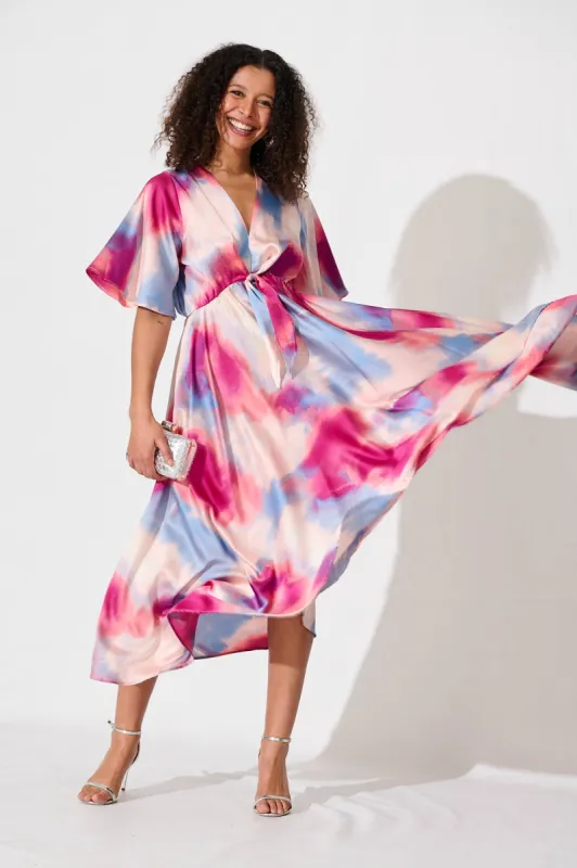 Helsinki Maxi Dress In Pink And Blue Watercolour Satin sold by St Frock