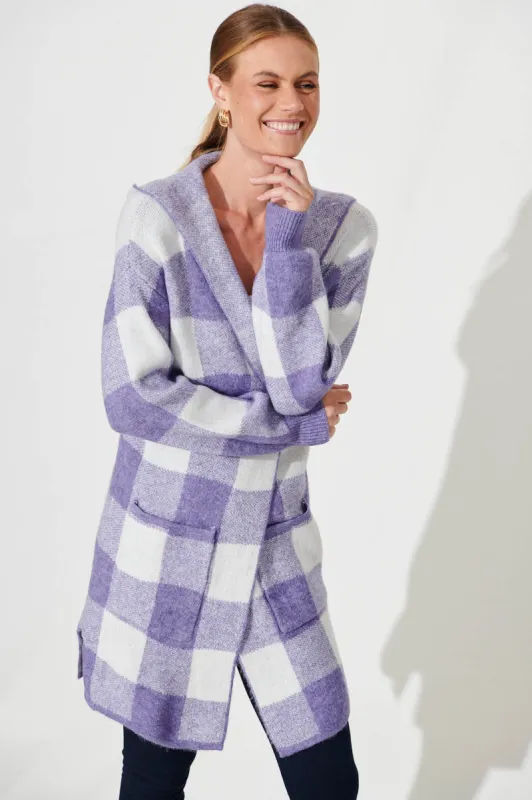 Dina Hood Knit Cardigan In Purple Check Wool Blend sold by St Frock