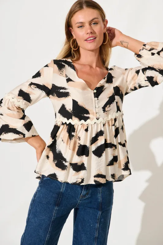 Imogen Top In Beige With Black Print sold by St Frock