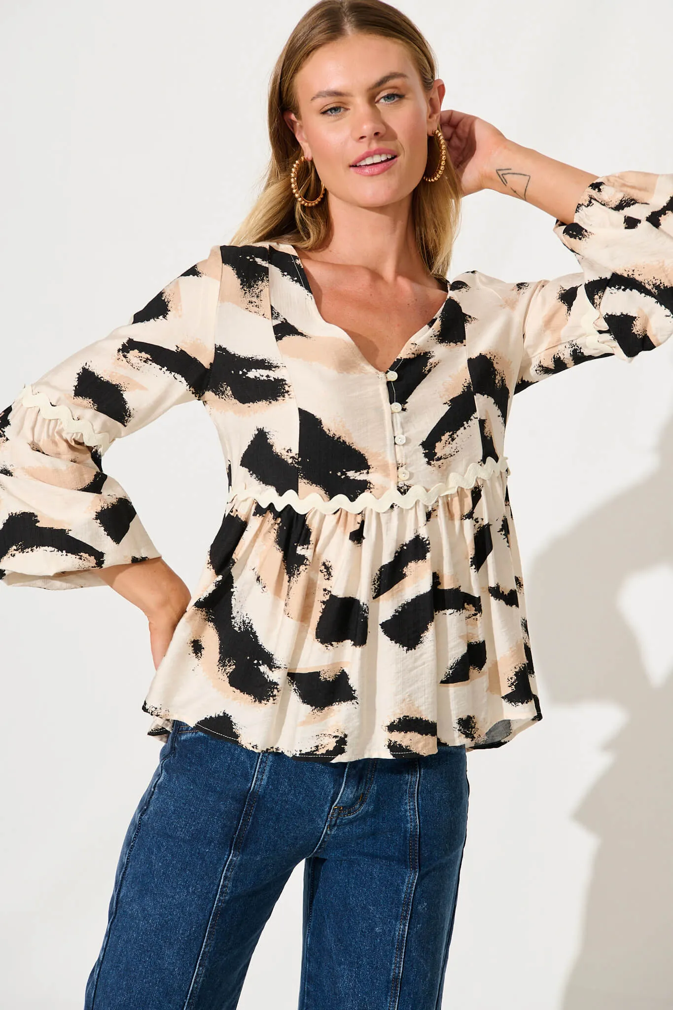 Imogen Top In Beige With Black Print sold by St Frock