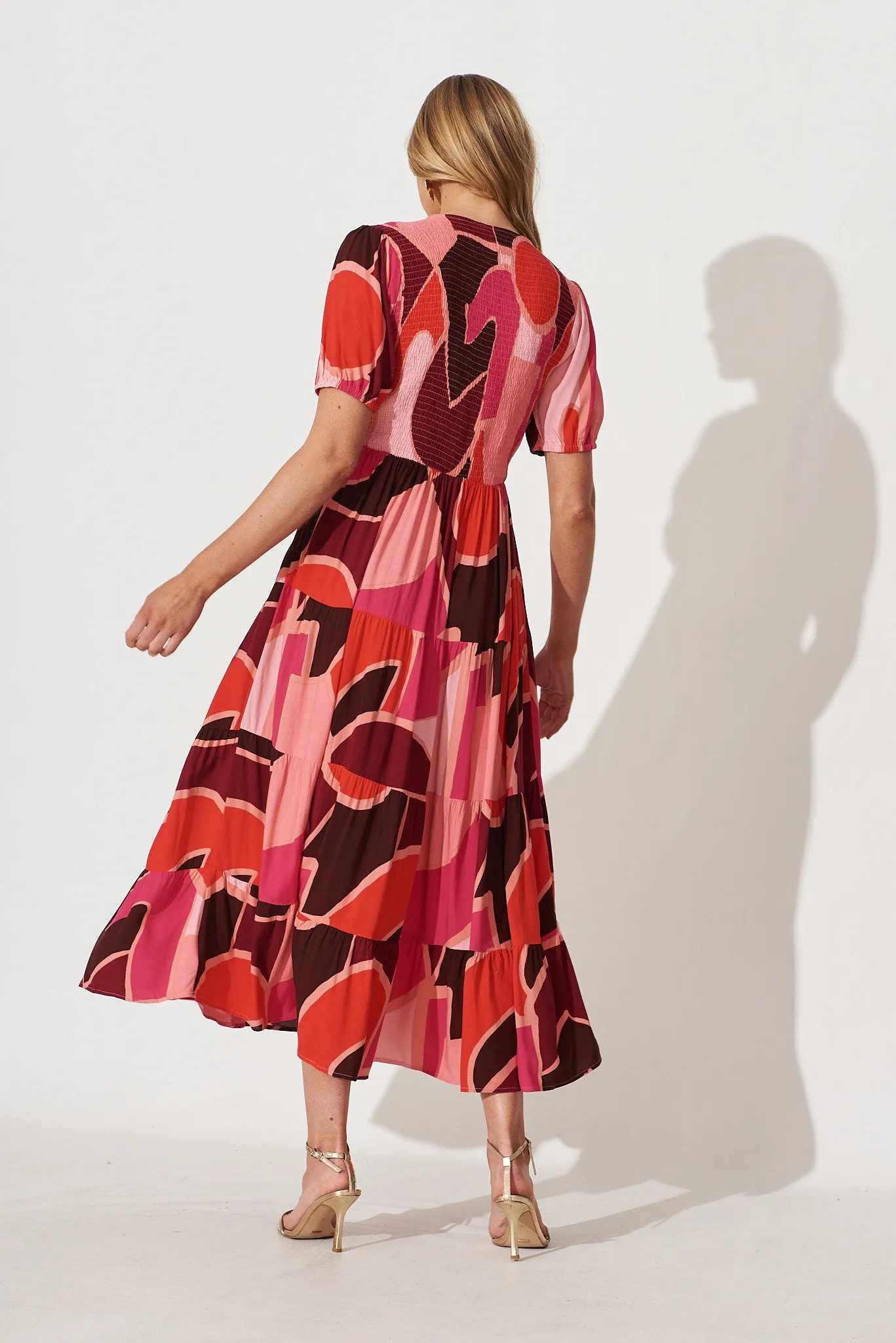 Kami Maxi Dress In Pink With Red Geometric Print Bamboo Rayon sold by St Frock product image thumbnail 4