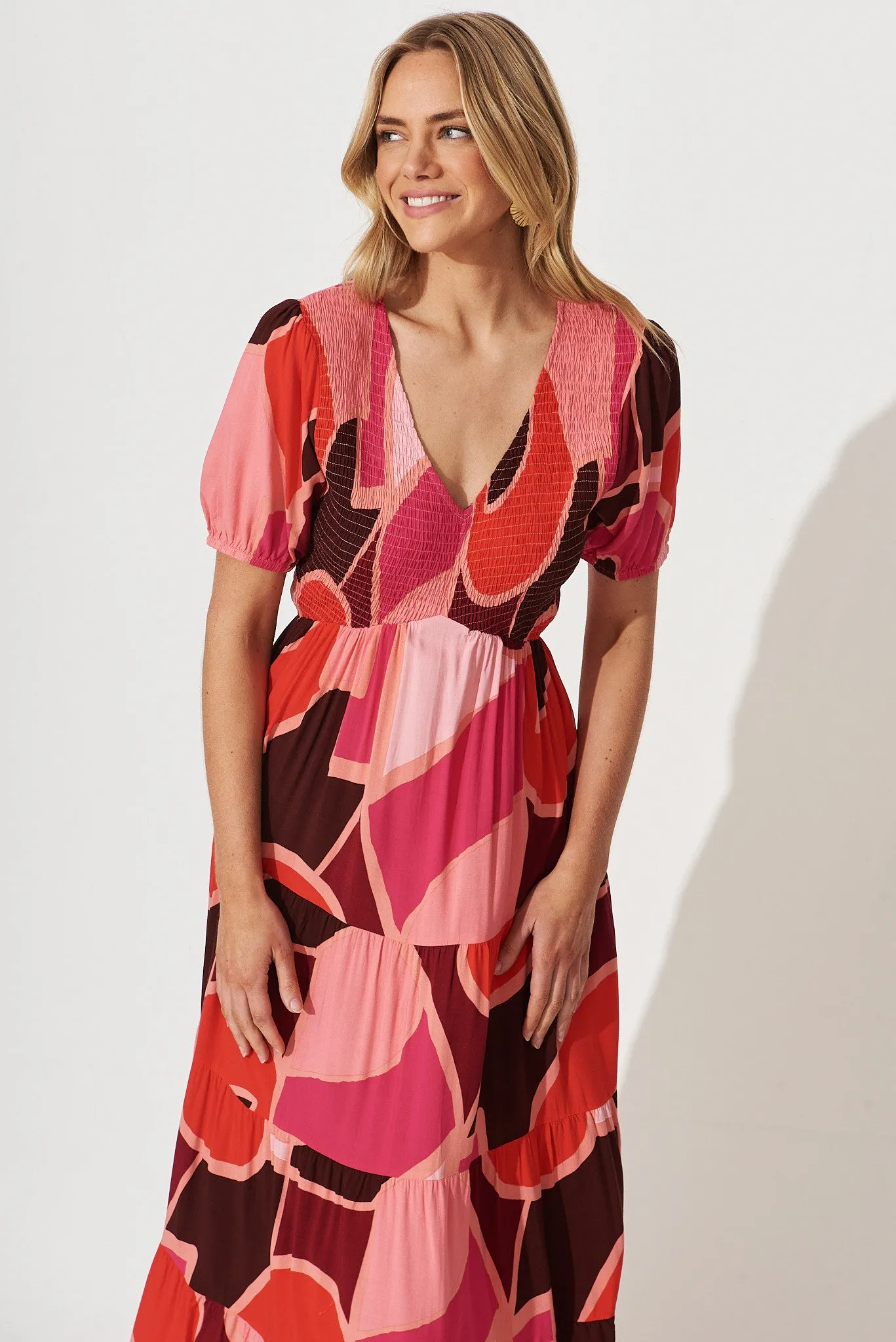 Kami Maxi Dress In Pink With Red Geometric Print Bamboo Rayon sold by St Frock product image thumbnail 2