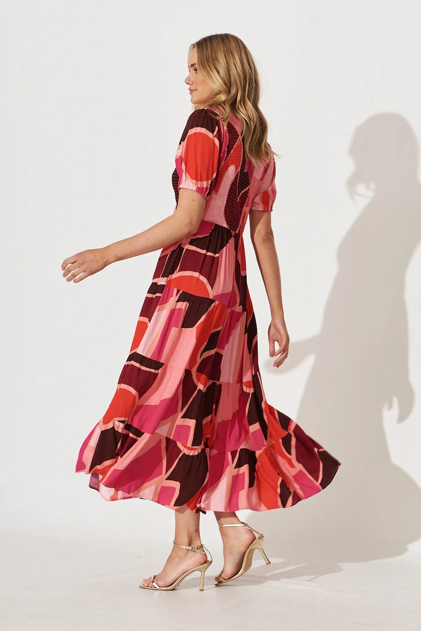 Kami Maxi Dress In Pink With Red Geometric Print Bamboo Rayon sold by St Frock product image thumbnail 3