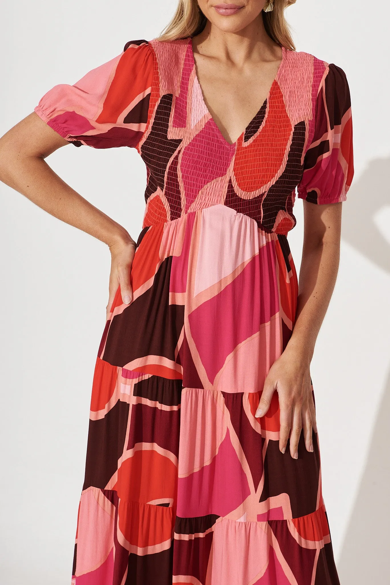 Kami Maxi Dress In Pink With Red Geometric Print Bamboo Rayon sold by St Frock product image thumbnail 5