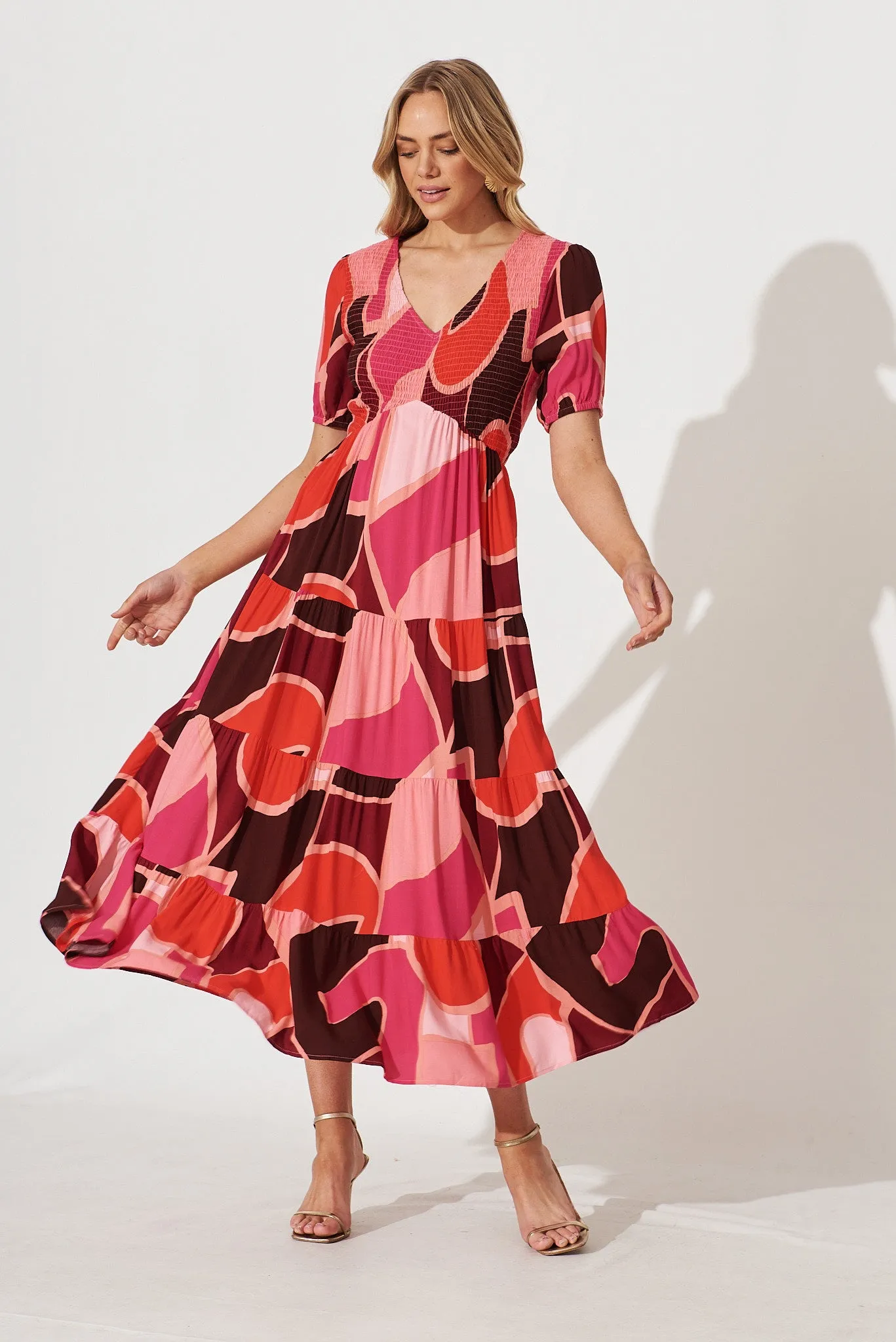 Kami Maxi Dress In Pink With Red Geometric Print Bamboo Rayon sold by St Frock