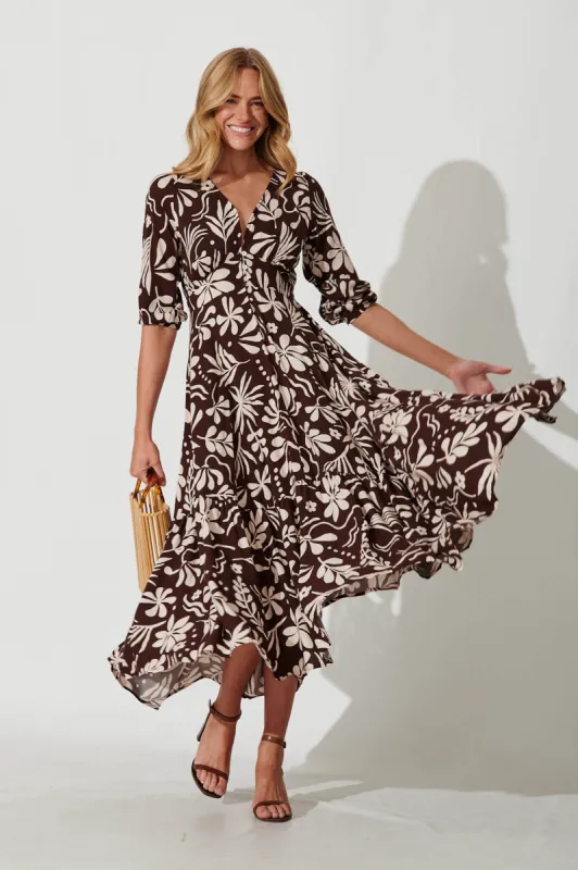 Time Maxi Dress In Chocolate With Cream Floral sold by St Frock
