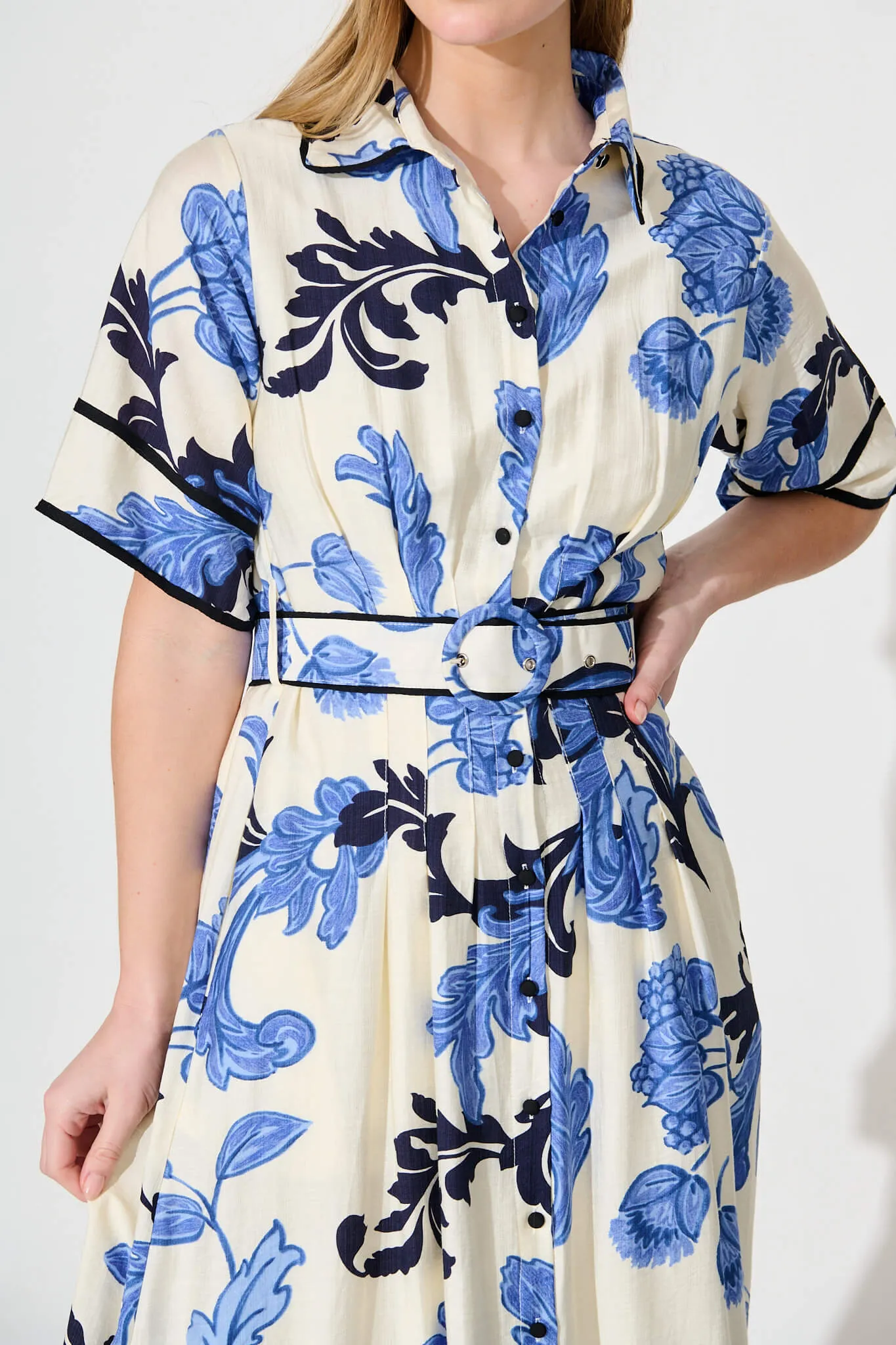 Rosella Midi Shirt Dress In White With Blue Floral sold by St Frock product image thumbnail 5