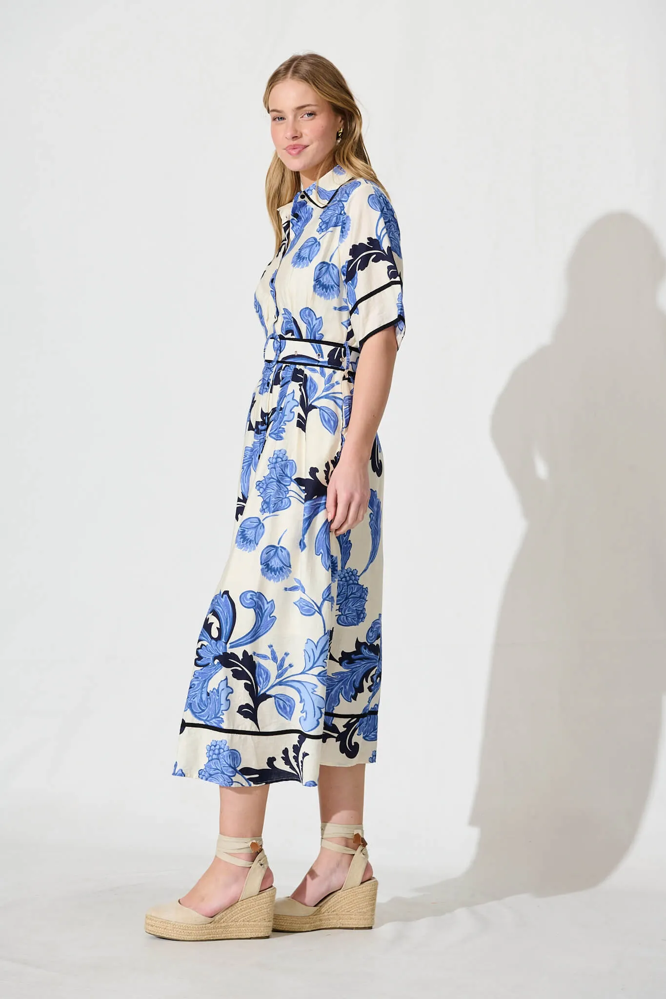 Rosella Midi Shirt Dress In White With Blue Floral sold by St Frock product image thumbnail 2