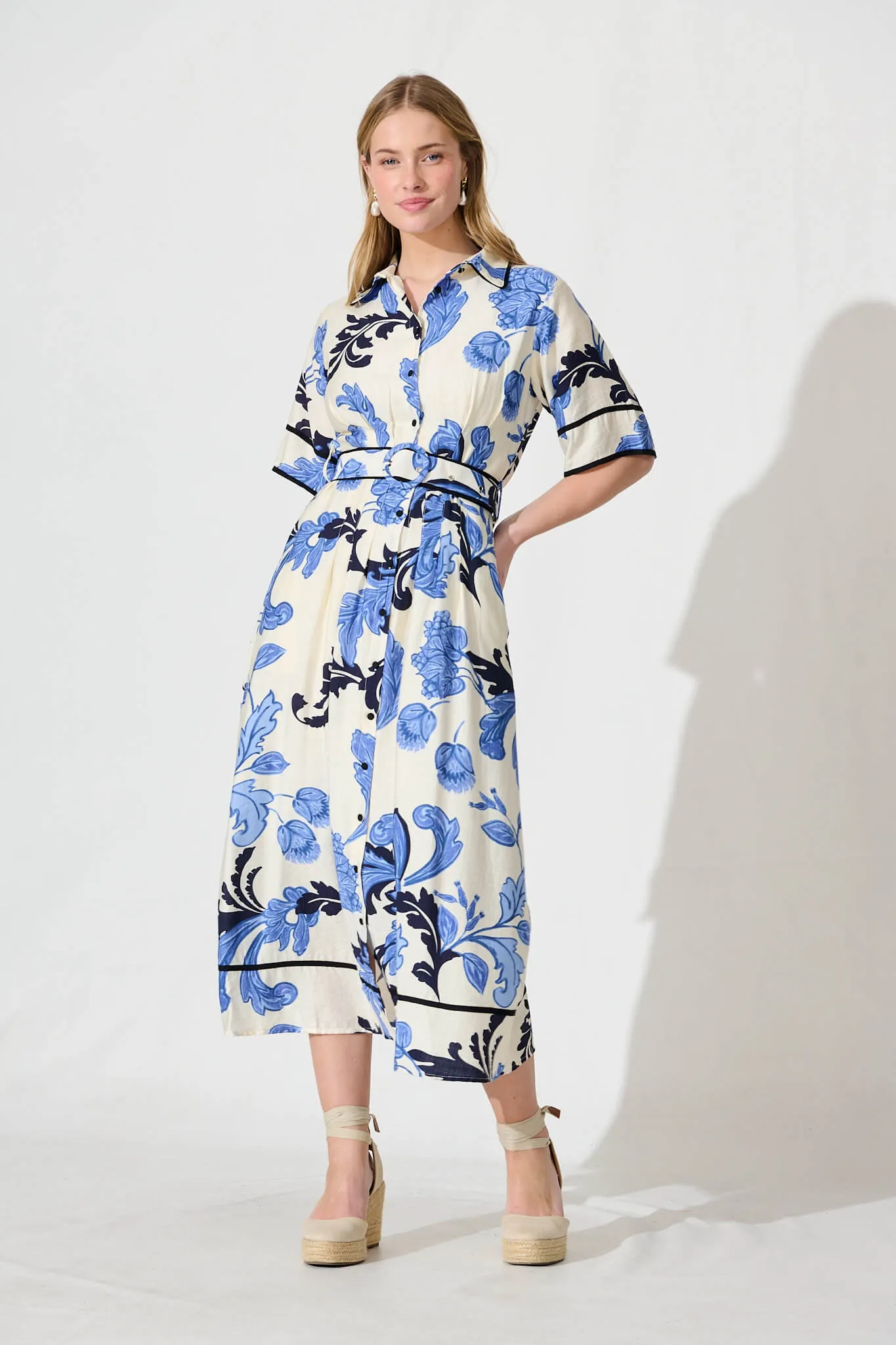 Rosella Midi Shirt Dress In White With Blue Floral sold by St Frock