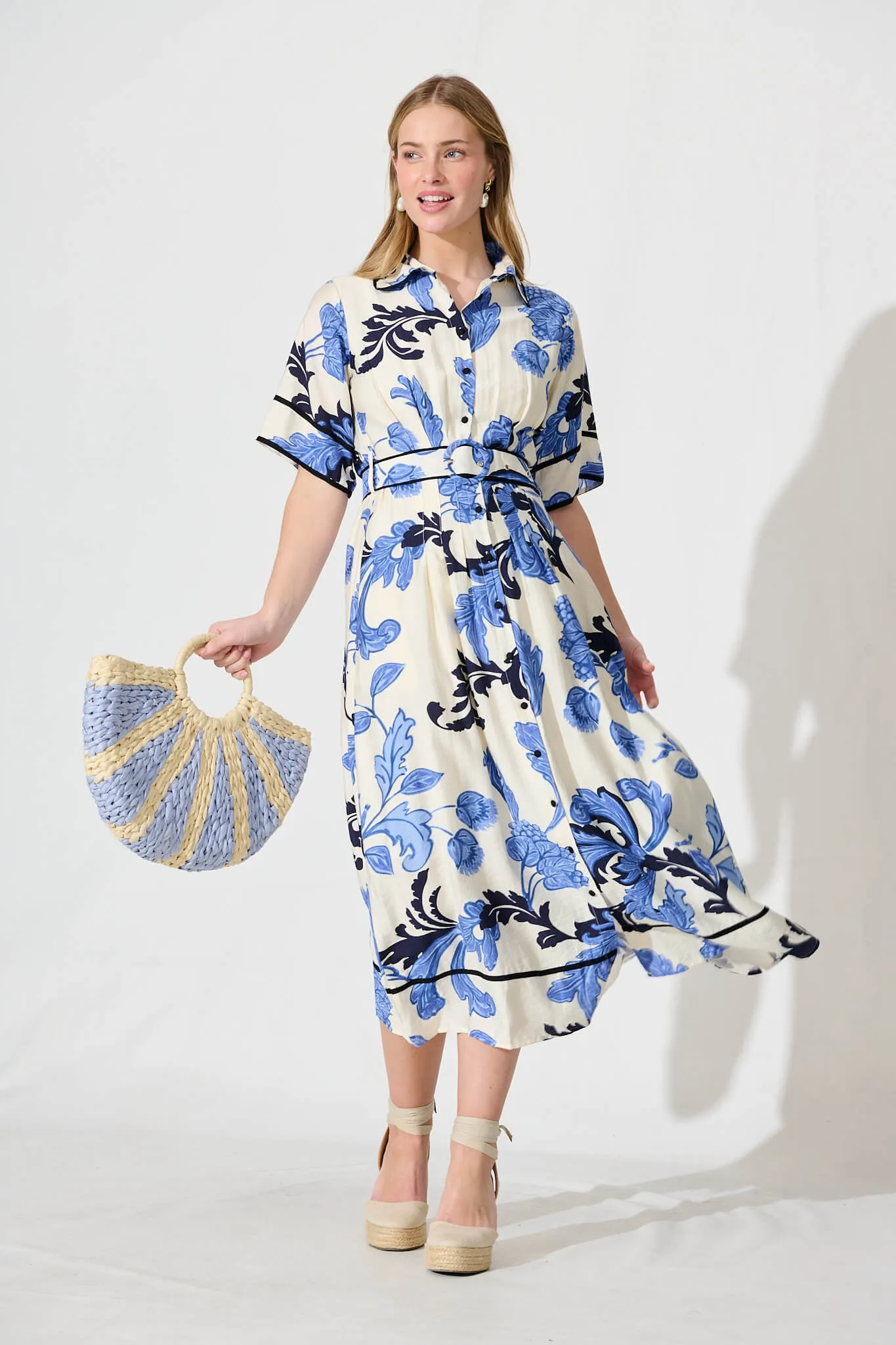 Rosella Midi Shirt Dress In White With Blue Floral sold by St Frock product image thumbnail 4