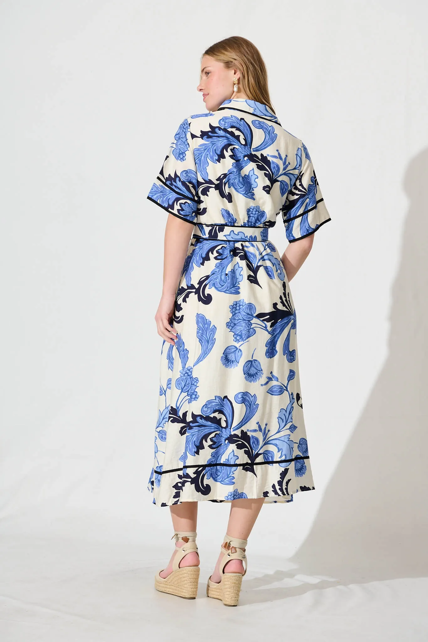 Rosella Midi Shirt Dress In White With Blue Floral sold by St Frock product image thumbnail 3