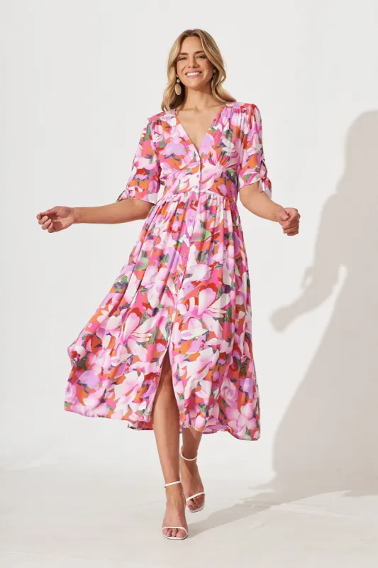 Akari Midi Dress In Purple Multi Watercolour Floral sold by St Frock