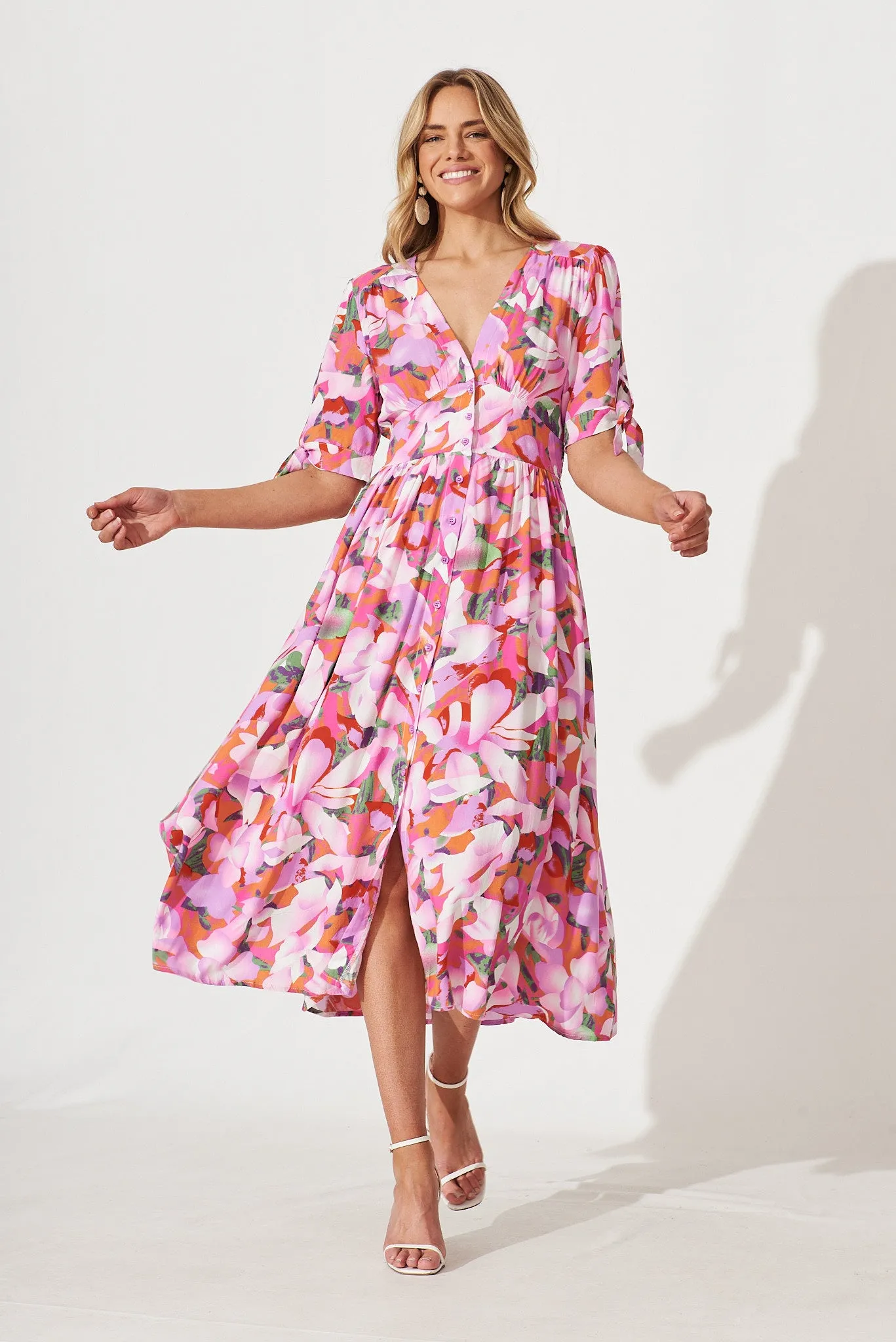 Akari Midi Dress In Purple Multi Watercolour Floral sold by St Frock