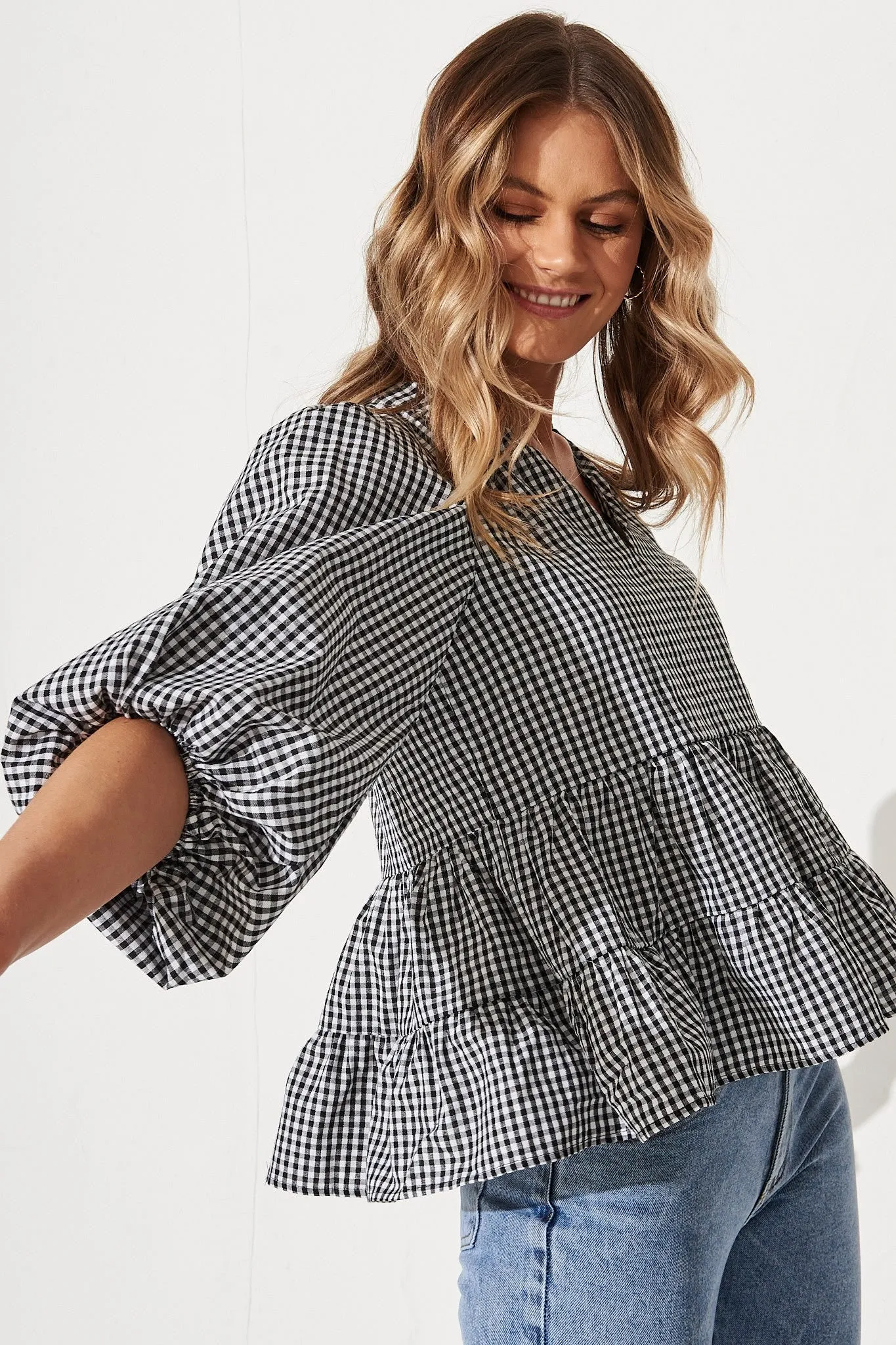 Talena Top In Black And White Gingham Cotton sold by St Frock