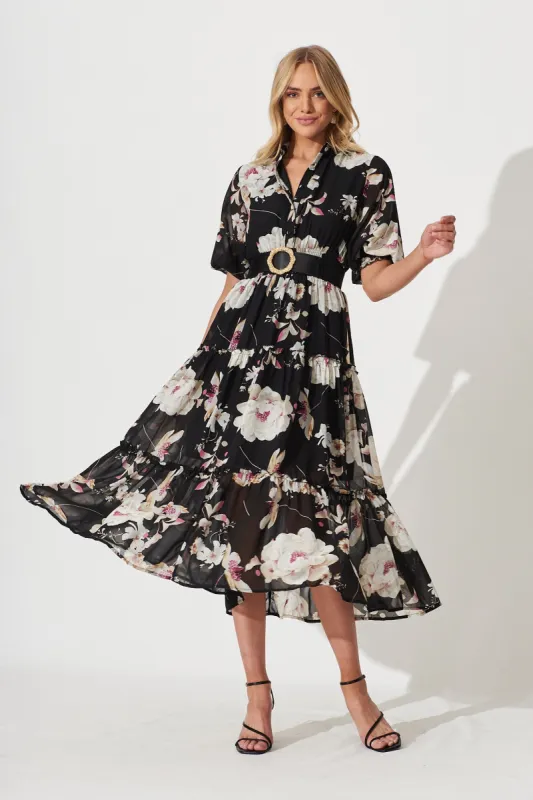 Brittney Midi Dress In Black Floral Chiffon sold by St Frock