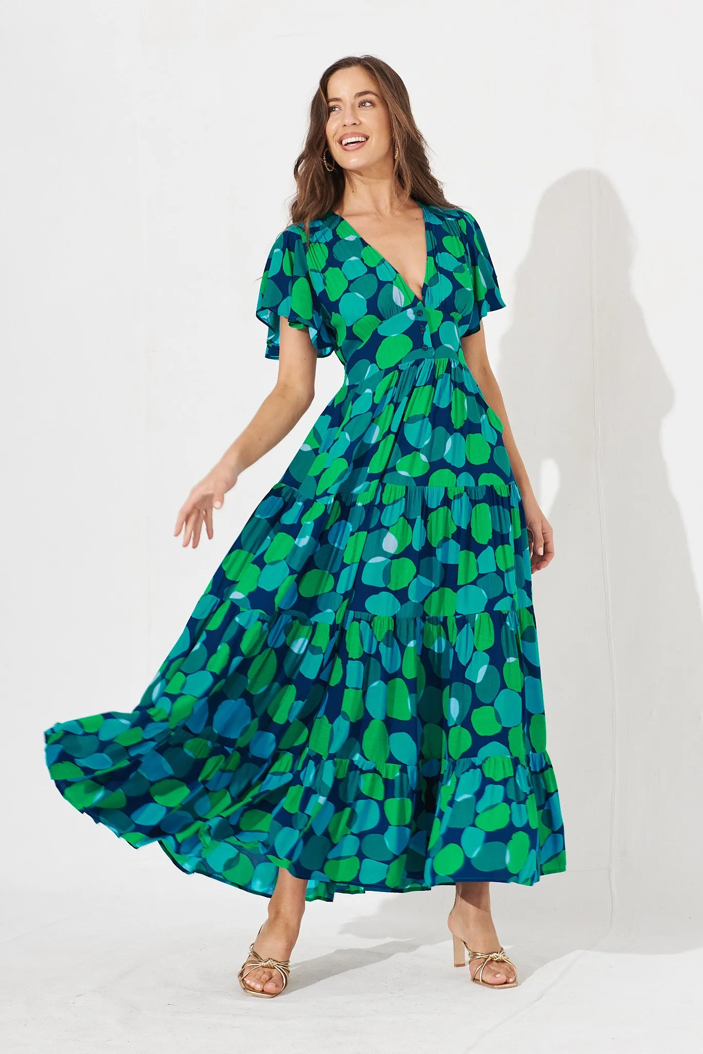 Sarina Maxi Dress In Navy With Blue Multi Print sold by St Frock