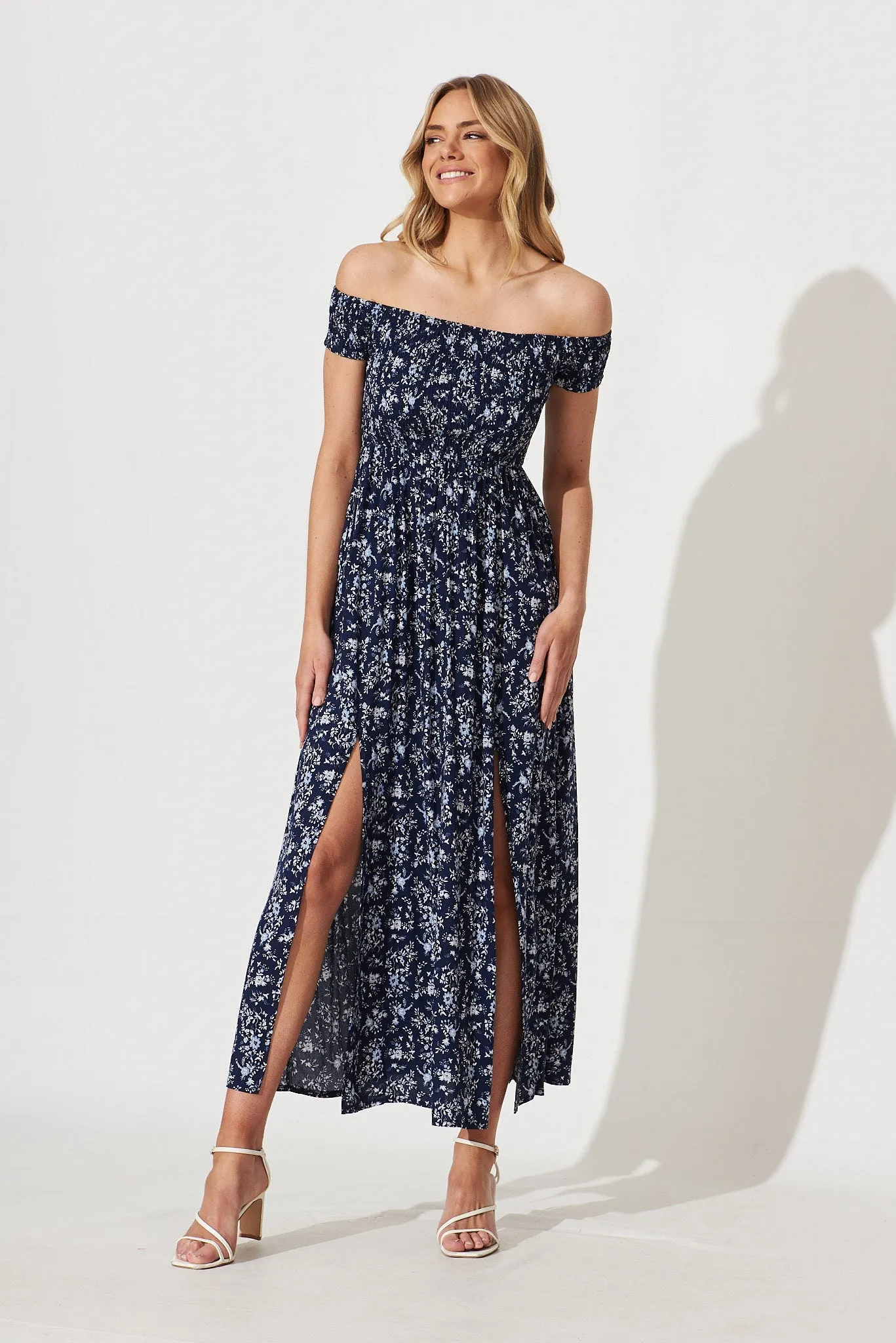 Under The Sun Maxi Dress In Navy With White Floral sold by St Frock