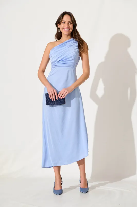 Toulon One Shoulder Maxi Dress In Pale Blue Satin sold by St Frock