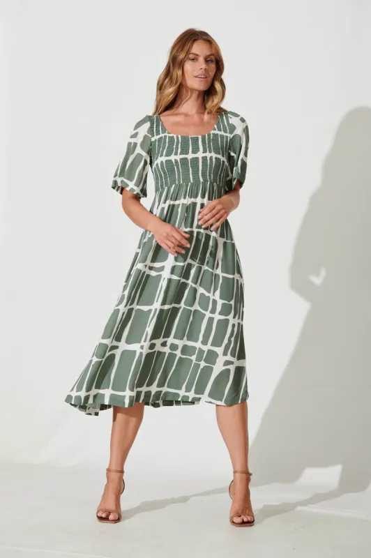 Ciao Midi Dress In Khaki With Cream Linen Blend sold by St Frock